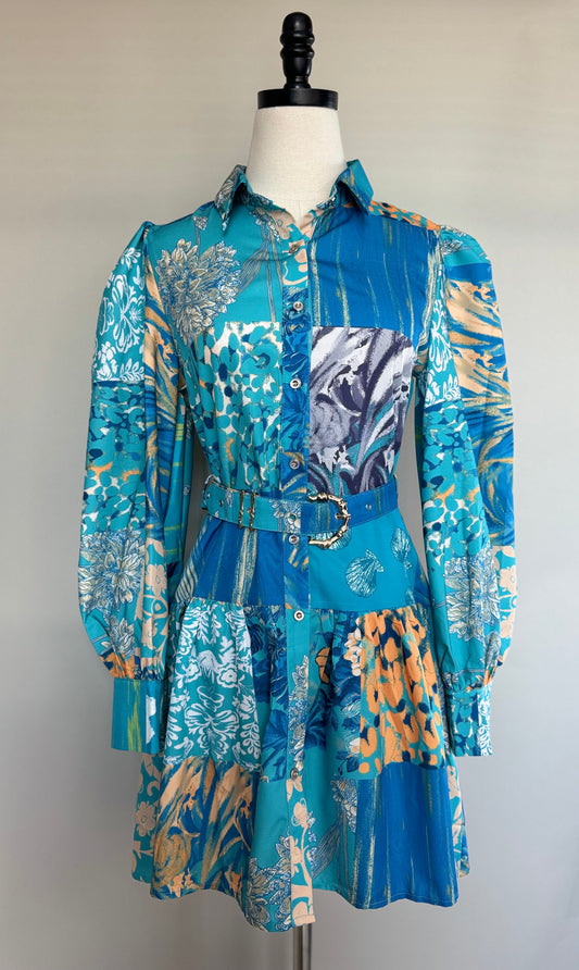 Azure Long Sleeve Self-Tie Belted Button Front Dress